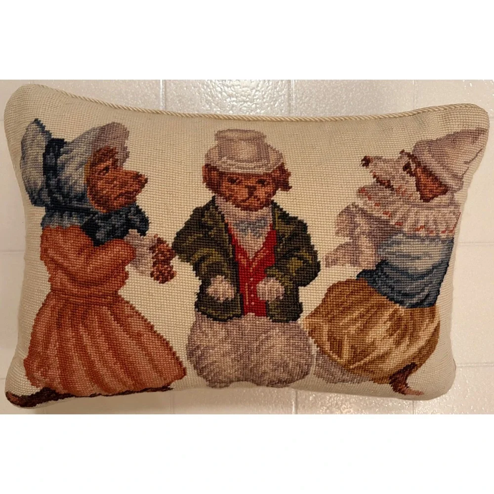 Vintage Needlepoint Dog Pillow Victorian Anthropomorphic Dogs Velvet‎ Back 18x12